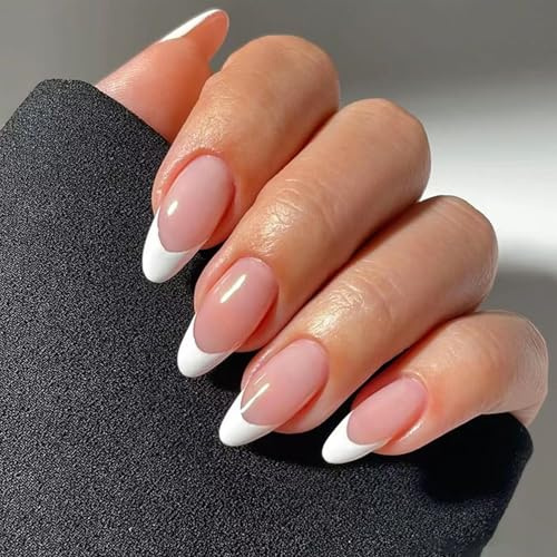 Shimmerz Lot de 24 faux ongles autocollants courts en forme d'amande - Blanc - Design simple - Réutilisables