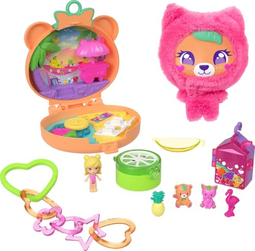 Polly Pocket-lekset med docka och husdjur, Plushie Bear-lekväska, nyckelkedja och mjukisdjur med tillbehör med frukttema samt medaljonger, JKC79
