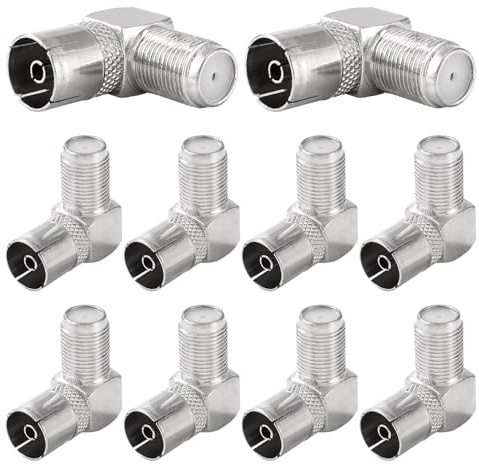 KUOQIY 10 PCS 90 Degree F Female Plug to RF Female Coaxial Aerial Adapter, Right Angle F Type Screw Connector to RF Aerial Converter, Nickel-Plated
