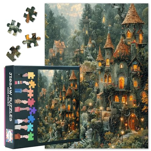 Fantasie Landschaft Puzzle 1000 Teile Erwachsene, Märchen und Waldschloss | Zauberhaus Serie, Einzigartiges Geschenk, Familien Puzzle Spielabend, Herausforderndes Rätsel, 70 x 50 cm