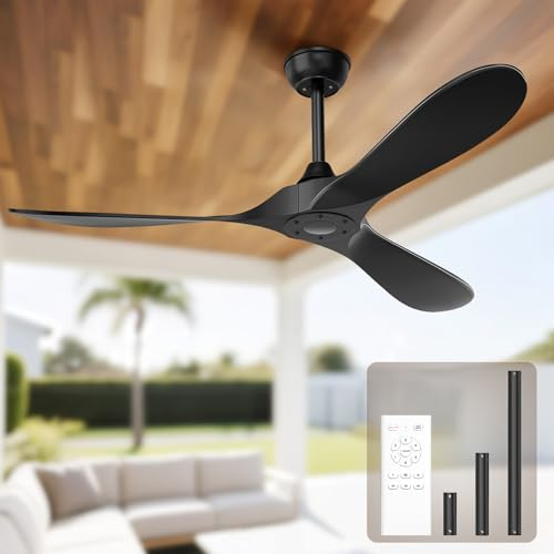 Ghicc - Ventilatore da soffitto nero senza luce, 132 cm, con telecomando, senza luce, 3 pale, motore CC reversibile a 6 velocità, ventilatore da terrazzo moderno