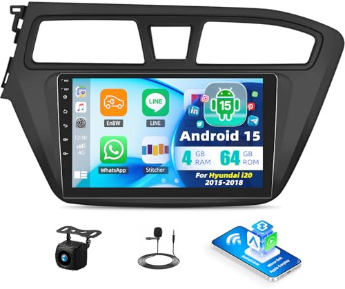 4+64G Android 15 Radio Coche para Hyundai i20 2015-2018 Pantalla Radio Coche 9 Pulgadas con CarPlay Inalámbricos Android Auto Bluetooth FM/RDS GPS WiFi 32EQ SWC Cámara de Marcha Atrás AHD