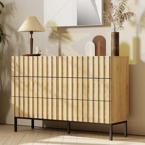 UEV 6 Drawer Chest of Drawers – Modern Vertical Storage Unit with Wood Slat Design, Metal Legs and Handleless Front for Bedroom or Hallway, Ivory White