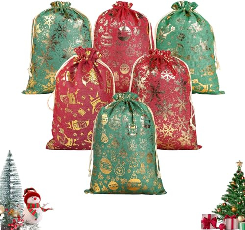 dellyy 6 Stück Geschenktüten Weihnachten, 30×20 cm Weihnachtssack, Wiederverwendbare Beutel mit Kordelzug, für Weihnachtsdekoration, Geschenkverpackung