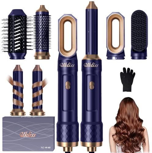 UKLISS 6 in 1 Hairstyler & Haartrockner, Haarstyler Set mit Warmluft Lockenbürste Automatisch, Hair Dryer, Rundbürstenföhn, Warmluftbürste, Haarföhn, Geschenke für Frauen Haarstyling - Blau