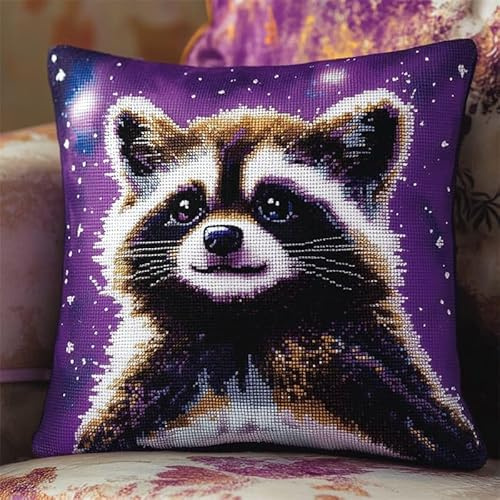 AMBATTERY Kreuzstich Kissen Vorgedruckt, Tier Waschbär Stickkissen mit Muster 45X45cm Kreuzstichkissen Zum Dekorieren Kissenbezug Zum Besticken Kreuzstich Diy Handarbeit Kissen Set