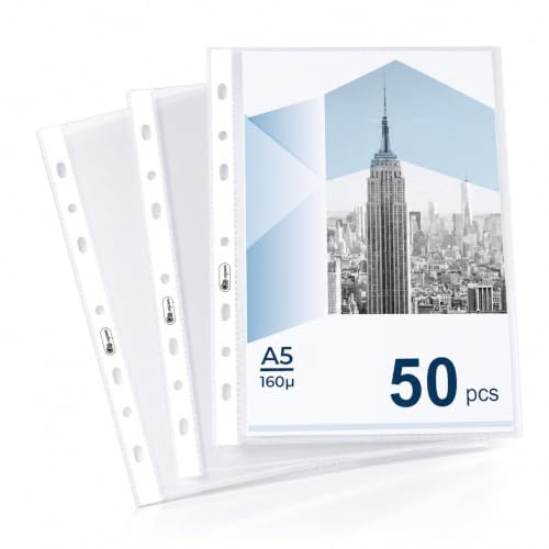 QWORK® 50 Piezas fundas de folio A5, portafolios plástico claras 160 micrones con apertura superior, protectores de documentos para la oficina