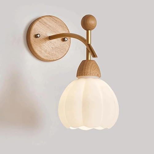 Prononi murali in legno leggera a parete, luci da parete bianca lattea, 5,9 pollici a forma di fiori nordica lampada a parete, tonalità in vetro esterno interno, per soggiorno, camera da letto, sala