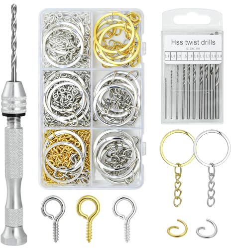 Prettme 670pcs Hand Drill Set for Jewelry Making - Pin Vise Manual Drill Set with 10pcs Mini Drill Bits, 600pcs Eye Screws and 30pcs Keychain Rings for Keychain and Crafts
