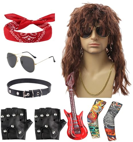 Xeihuul Men's Rocker Costume,Heavy Metal Cosplay Outfit - Punk Wig Outfit Set for Men Party Holiday Stage Performance Beach Outdoor Musical Festival Halloween Events