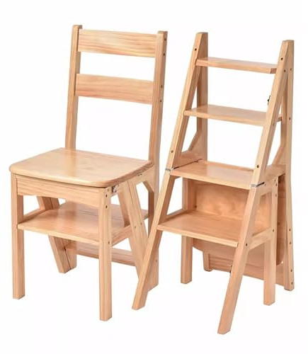 LVSEWOA 4-Tier Solid Wood Folding Ladder Chair - Protable 4-Step Library Ladder,Foot Stools Ladder Flower Shelf Portable Wooden Stepladder for Office/Home/Kitchen/Library,Wood-37 * 47 * 90cm