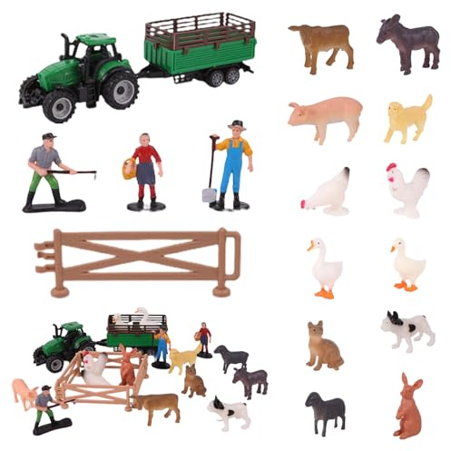 Mtbricey 20Pcs Farm Animal Realistic Mini Ornaments Set Assemble Fence Tractor Trailer Truck Ornaments Animal Figures Mini Animal Cake Toppers Educational Farmyard Play Gifts for Birthday