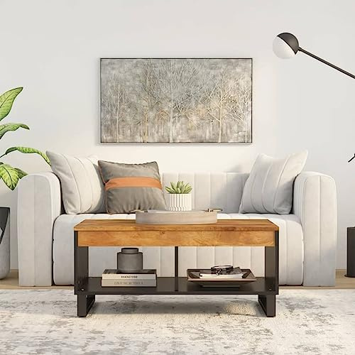 Keeiluna Solid Mango Wood Coffee Table 90x50x40 cm Honey Brown Finish, Durable Living Room Furniture with Storage, Sturdy Iron Base, Versatile Floor Corner Unit
