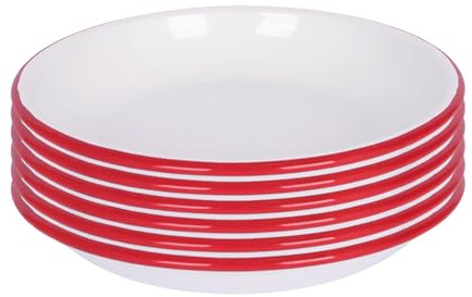 Argon Tableware 20cm White Enamel Pasta Bowls with Red Rim - Pack of 6 Durable Oven & Camping Bowl for Spaghetti, Soup, Stew, Casserole, Rustic Kitchenware, Outdoor Dining