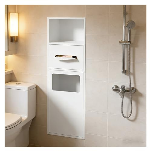 ZJKXJH Nicchia per Cestino da Bagno con Contenitore/portarotolo, Nicchia per Doccia in Acciaio Inox per Cucina/Soggiorno/Hotel, Design A Incasso(White)