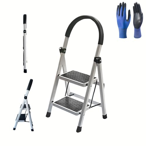 FROOBY 2 Step Steel Ladder Heavy Duty Steel Folding Step Ladder Slip-Resistant Wide Steps Anti Slip Feet Easy to Store Folding Mechanism Foldable Design Ideal Home/Kitchen/Garage 150KG Max Capacity