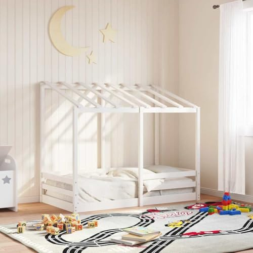 mzdioop Kinderbett mit Dach Weiß aus massivem Kiefernholz 70x140 cm mit Lattenrost stabiles Kinderbettgestell für Kinderzimmer, platzsparend, langlebig, geeignet ab 4 Jahren