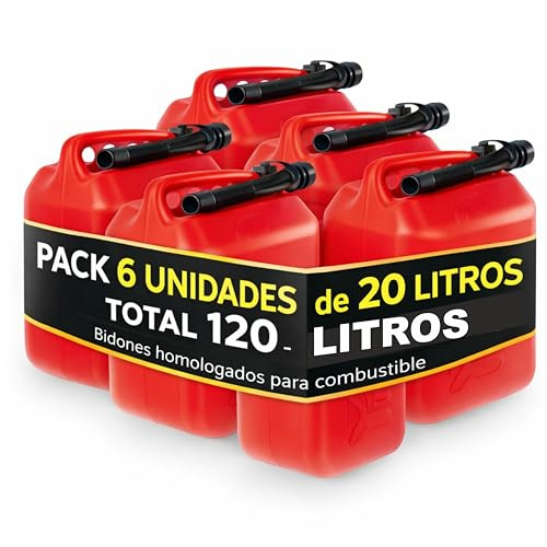 Humpti Pack 6 Garrafas Gasolina y Gasoil 20L Homologadas UN – Bidón de Combustible con Cánula Flexible Antigoteo y Visor de Nivel – 120 Litros de Capacidad – Estanqueidad Reforzada – Rojo