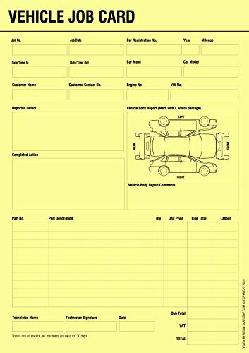 Vehicle Service Repair Job Work Card Record Sheet for Car Service Centres (50)