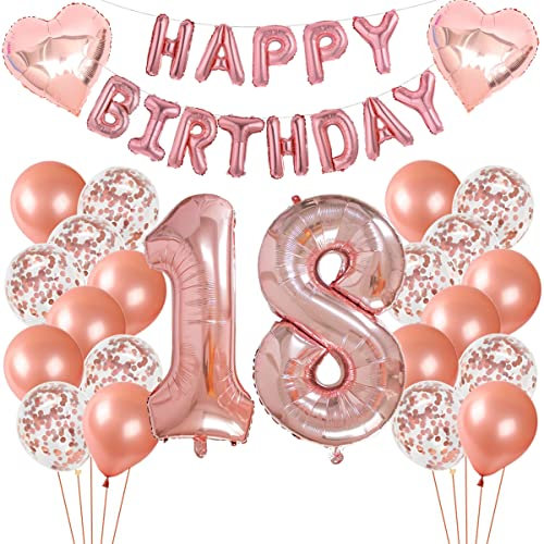 Compleanno Deco Set Numero 18 Palloncino oro rosa Ragazza-2 Numero 18 Palloncino a elio gonfiabile+13 Palloncino foil a buon compleanno+10 palloncini confetti+Palloncino 2 stelle