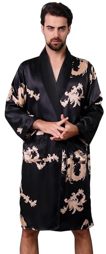 Haseil Herr satin rock drake lyxig siden spa långärmad hus kimono badrock, Svart2, XX-Large