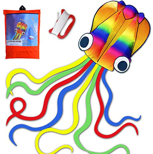 großer Octopus Drachen Flugdrachen Einleiner, Large Easy Flyer Regenbogendrachen mit Langen bunten Schwänzen für Spiele und Aktivitäten im Freien für Erwachsene
