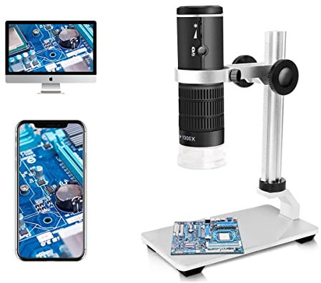 Jiusion WiFi USB-Digitalmikroskop HD Auflösung 50 bis 1000fache drahtlose Vergrößerung Endoskop 8 LED-Minikamera mit Standfuß Tragbare Tasche, kompatibel mit iOS Android Windows Mac