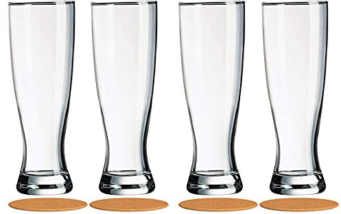 AMZ Empire Pilsner Beer Glasses, Set of 4, Four Crystal Clear 16 oz Beer, Soda, Water, Juice Drinking Case of 4 Classic Premium Glassware with Coasters