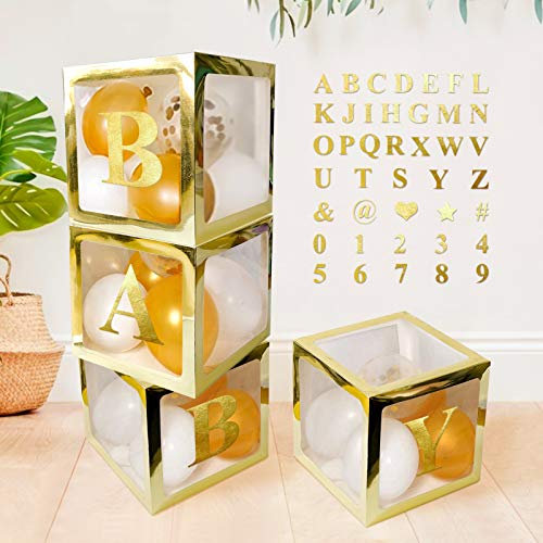 4 pcs Gold Transparent Balloons Boxes with 30 Letters 10 Numbers 5 Symbols, UNIIDECO Neutral Gender Reveal Oh Baby Shower Decorations ABC Blocks Sign, Bridal Wedding Shower Birthday Party Supplies