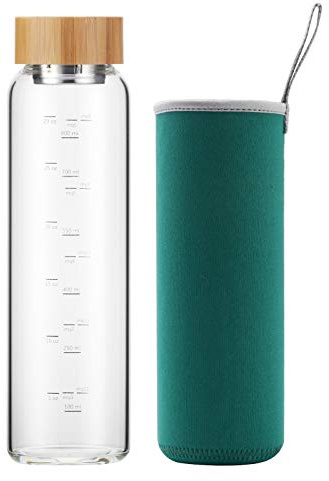 Sunkey Glass Water Bottle 32 oz Green | Wide Mouth, with Sleeve, Bamboo Lid, Motivational Water Bottle, With Time Marker, Reusable, Safe for Hot Cold Drinks, Bpa Free