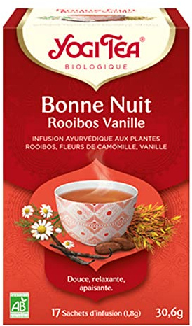 YOGI TEA – Bonne Nuit Rooibos Vanille Bio – Infusion Relaxante Sans Caféine – Mélange de Rooibos, Fleur de Camomille & Vanille – Détente & Sommeil – 17 Sachets