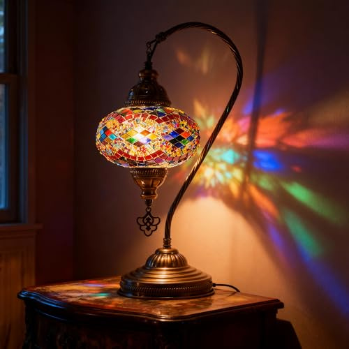 Mozaist Turkish Lamp, Swan Neck Mosaic Table Lamp, Moroccan Decorative Glass Antique Bohemian Vintage Lamp Shade, Tiffany Desk Bedside Stained Glass Lamp with US Plug and E12 Socket