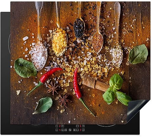 Protège-plaque à induction - Plaque Protection Vitrocéramique Induction - Vinyl - Cuillères - Herbes - Piment - Épices - Sel - 60x52 cm - Couvre Plaque de Cuisson - Accessoires de Cuisine