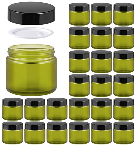 2oz Jars with Lids, HOA Kinh 24 Pack Green Frosted Glass Jars with Lids Empty Cosmetic Containers Round Airtight Glass Jar with Black Lids for Storing Lotions Powders Ointments