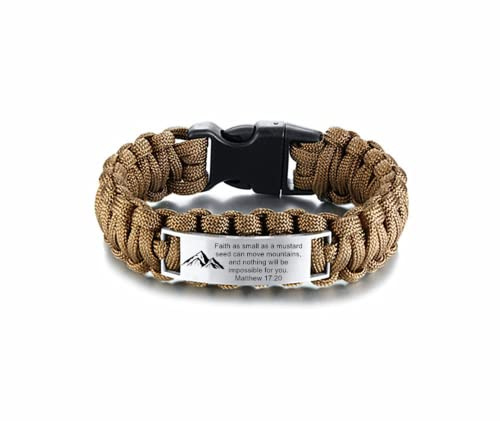 KBNSUIAN Inspirerande Masterd Seed Christian Faith armband, Handmdae flätad överlevnad paracord bibelvers Matthew manschettarmband, religiöst uppmuntrande armband för män, 23 cm, brun, 9 inches, Rostfritt stål Rostfritt stål Paracord