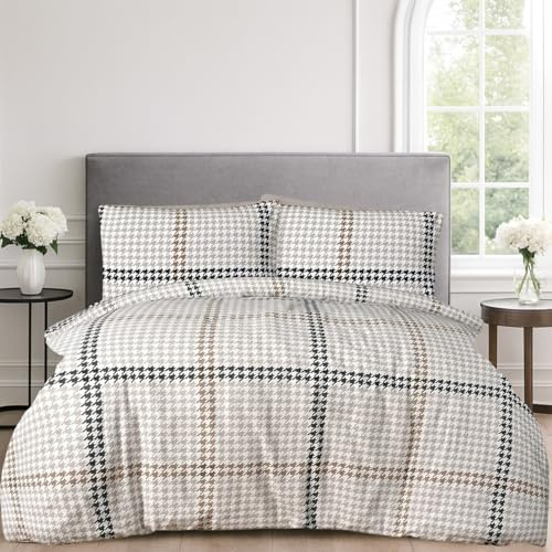 Sleepdown Houndstooth Check Natural Black 100% Brushed Cotton Reversible Duvet Cover Quilt Bedding Set with Pillowcases Warm Soft Easy Care Bed Linen - King (230cm x 220cm)