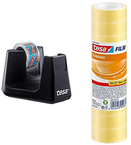 tesa Easy Cut SMART Klebebandabroller, inkl 1 Rolle tesafilm kristall-klar & tesafilm standard - Transparentes Multifunktions-Klebeband für Heim- Schul- und Büroanwendungen - 10 m x 15 mm - 10er Pack
