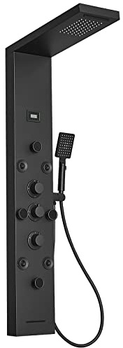 BWE Shower Panel Rainfall Waterfall with Handheld Shower Matte Black 6 IN 1 Stainless Steel Shower Tower Panel System Massage Body Jets with Tub Spout Water Temperature Display Wall Mount