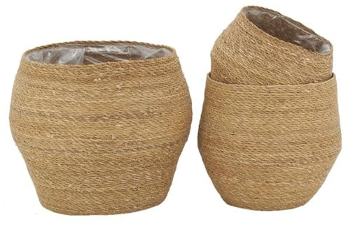 AUBRY GASPARD - Lot de 3 Cache-Pots Jonc Naturel avec Doublure Plastique - Artisanat - Ø 26-38 cm, Hauteur 24-36 cm - Idéal Plantes Intérieures - Finition Naturelle