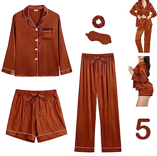 Y WJing Yi Jia Set pigiama da donna in raso di seta da 5 pezzi, set pigiama lungo con bottoni, acero, XXL
