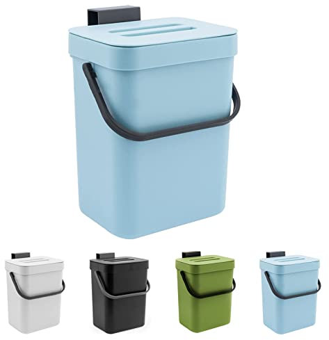 MSYU Kitchen Small Trash Can with Lid, 5L/1.3 Gal Hanging Compost Bin Under Sink, Plastic Waste Basket Garbage Box for Kitchen Counter/Bedroom/Bathroom/Dorm/Office/Camping (Blue)