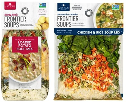 Anderson House Frontier Soups Combo Pack: (1) Rocky Mountain Trail Loaded Potato, 8 oz and (1) Kentucky Homestead Chicken & Rice, 4.25 oz