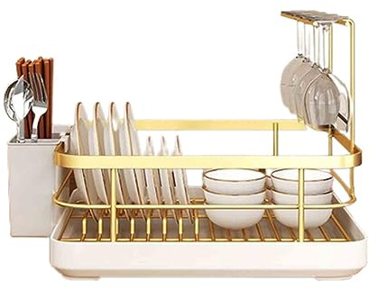 JUSHZ Abtropfgestell Geschirr Geschirrabtropfgestell Dish Rack Geschirrständer Abtropfhalter Ständer Geschirrablage Abtropfständer Besteckkorb Starke Tragfähigkeit Abtropfschale ABS (Gold 34x26x35CM)
