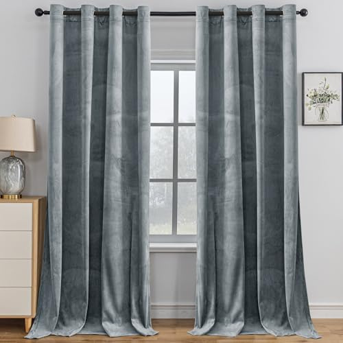 YSTELLAA Sammetsgardiner Om 2 Set, 140 X 160 Cm, Ljustäta För Sovrum, Termiska Gardiner Med Öljetter, Ljudisoleringsgardin Termiskt Isolerad, Värmeisolerande Gardiner För Vardagsrum, Grå