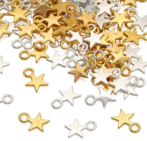 Smilbaley 160 Stück Stern Charms, Metallanhänger, Mini Stern Charms, Sternanhänger aus Zinklegierung, Verwendet für die Herstellung von Schmuck, Dekorationen, Kunsthandwerk (Gold, Silber)