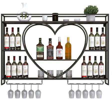 Wall-Mounted Wine Racks With Glass Holder,Bar Shelves For Liquor Bottles,Heart Shape Wine Holder With Shelves,Wine Bottle Shelf Display Stand,For Living Room,Wine Cellar (Color : Negro, Size : 120x8