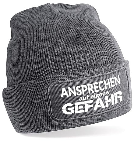 Herzbotschaft Beanie Strickmütze mit Spruch | Ansprechen auf eigene Gefahr | Farbwahl | Unisex SoftTouch angenehm weiche und warme Wintermütze | OneSize Einheitsgröße für Erwachsene