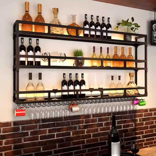 Modern Wine Storage Rack Wall Mounted With LED Light With Wine Glass Holder,Bar Unit Floating Shelves,with Wine Glass Holder Kitchen Storage Bar Shelves For Kitchen Dining Room Bar Decoration ( Color