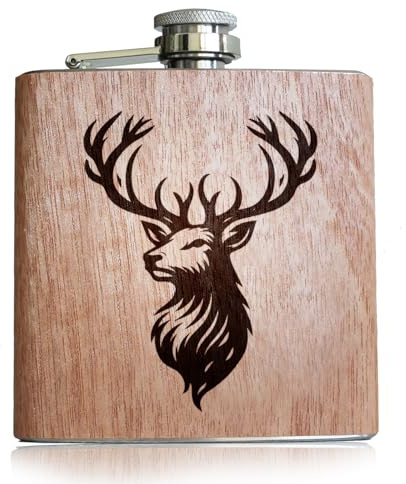 Holz Flachmann mit Hirsch Gravur | Accessoires Jagd Flachmann Jäger Geschenke für Männer mit Hirsch graviert