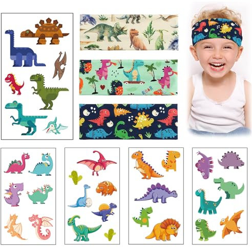 Thoquene 3 Stück Stirnband Kinder Jungen, Elastisches Haarband Jungs Dinosaurier, Schweißband für Laufen Jogging